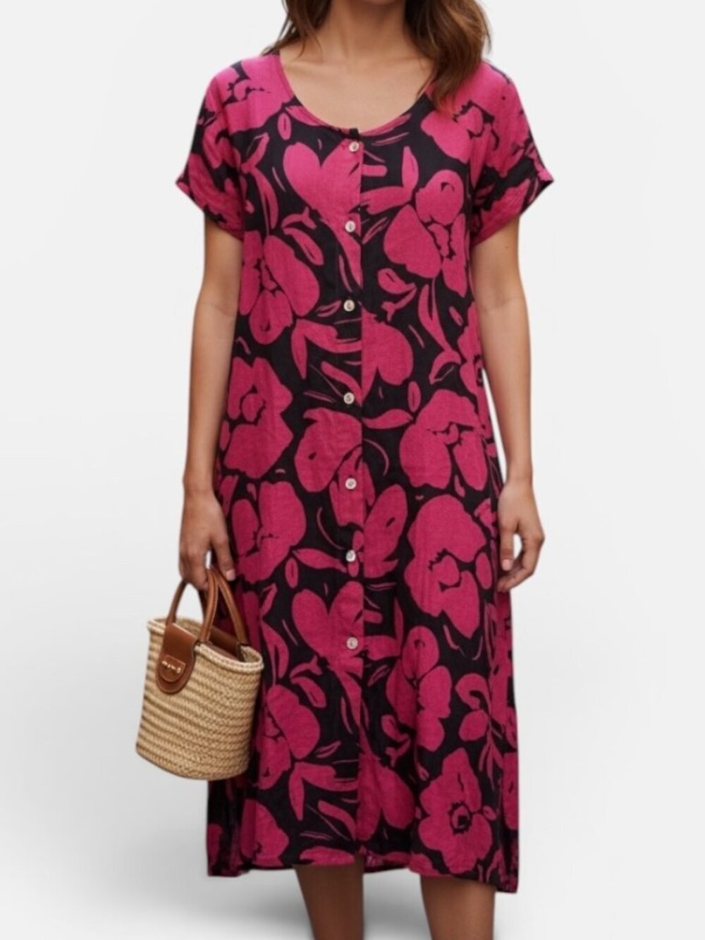 Bryn Walker Black & Pink Floral Button Down Linen Dress